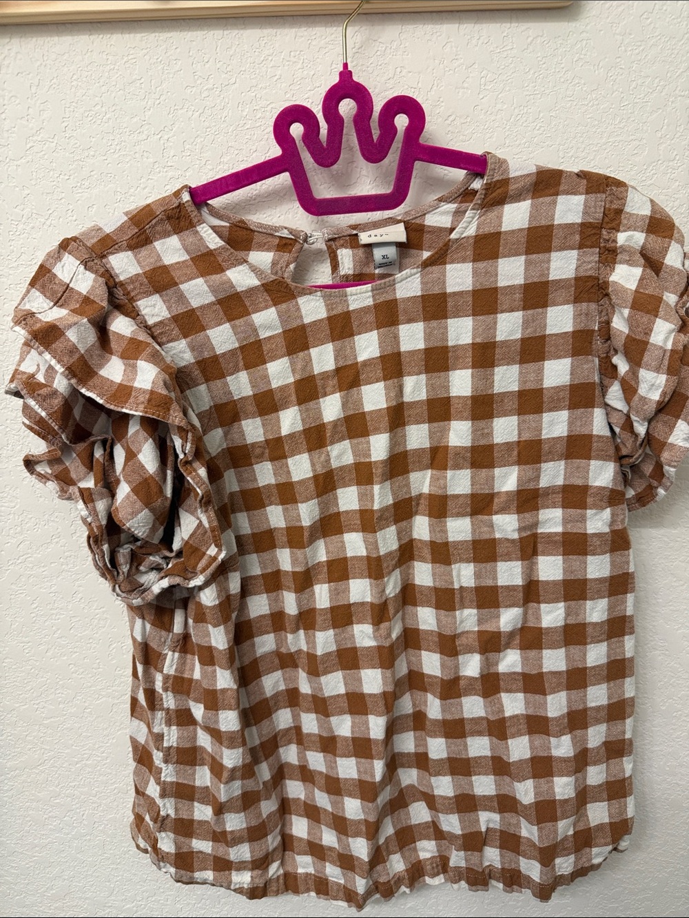 A New Day Brown and White Gingham Button-Back Top